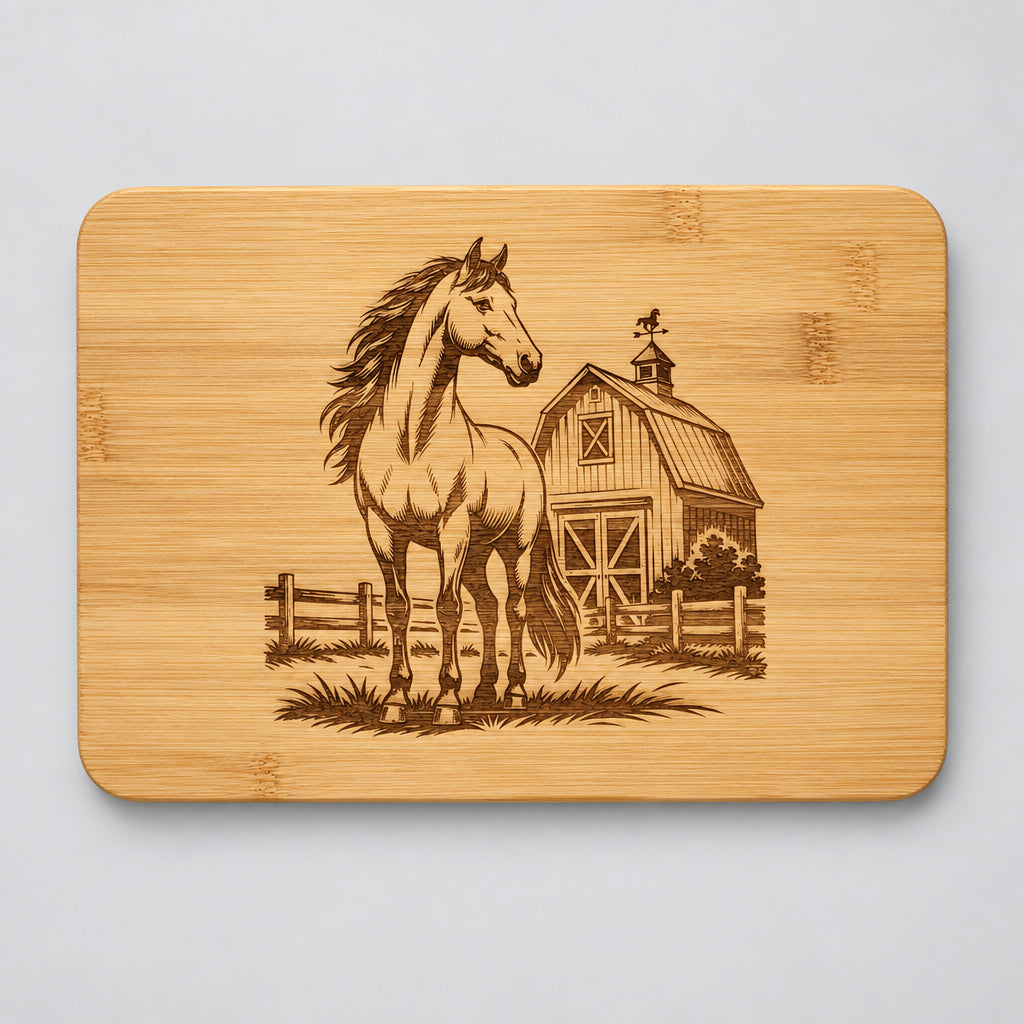 Engraved bamboo cutting board with Farm Horse & Barn design