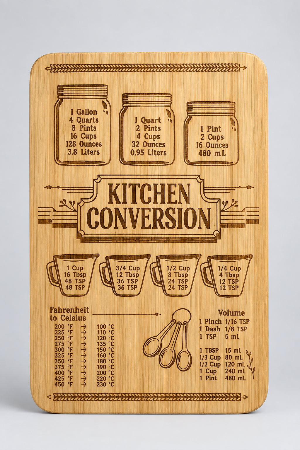 Engraved bamboo cutting board with Kitchen Conversion — Mason Jars design