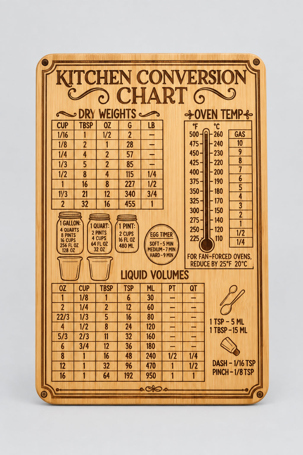 Engraved bamboo cutting board with Kitchen Conversion Chart design