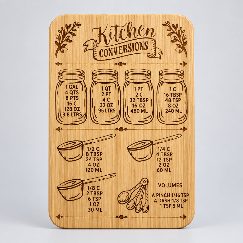 Engraved bamboo cutting board with Kitchen Conversions — Mason Jar Measures design