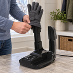 Illustrated adult fitting a glove over one arm of the Terraen Nordic-Dry dryer on a dry, level surface.
