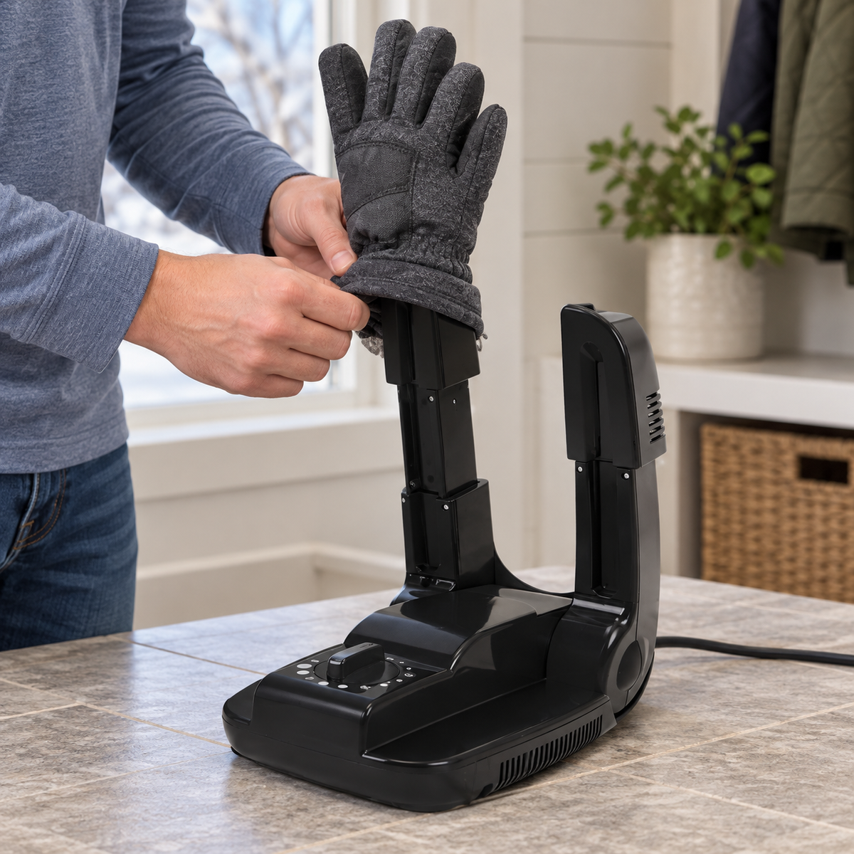 Illustrated adult fitting a glove over one arm of the Terraen Nordic-Dry dryer on a dry, level surface.