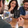 Illustrated adults playing Chainlink, with one reader holding the word-chain answer card.