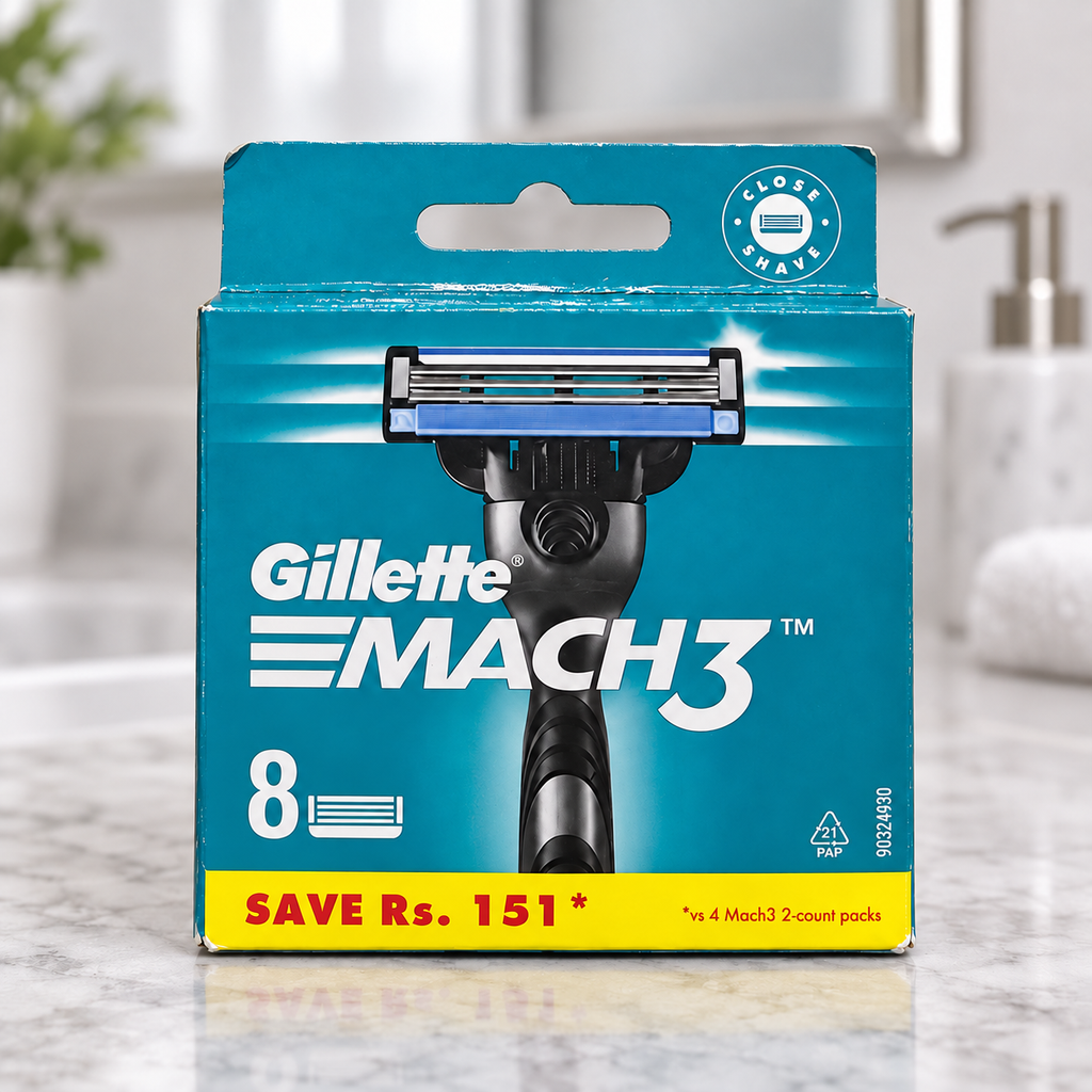 Gillette Mach3 Original eight-refill carton on a bathroom counter
