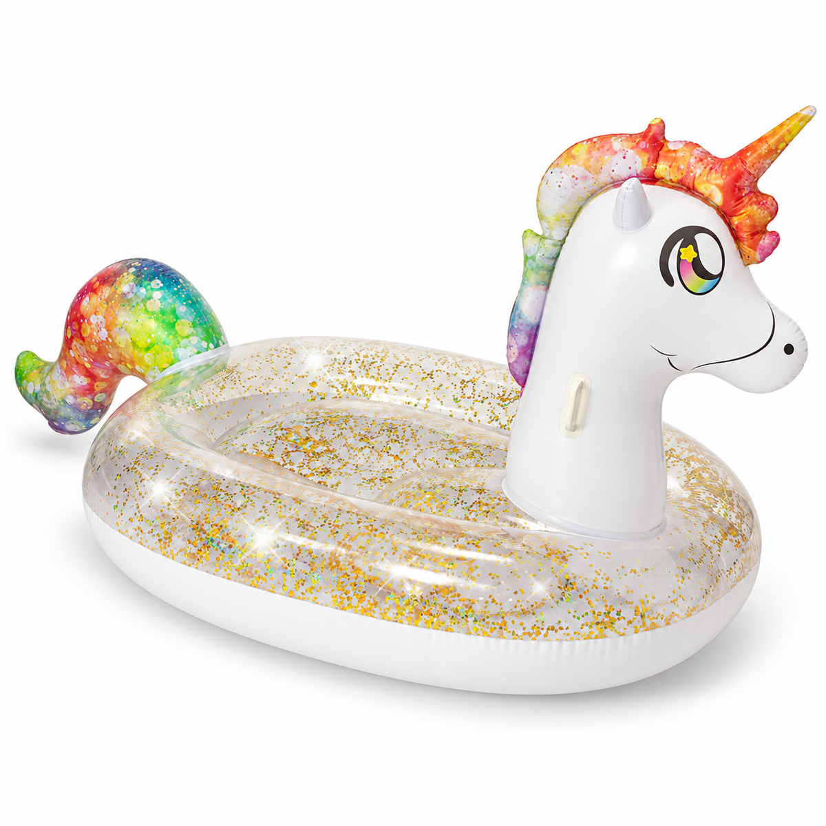 Illustrative detail of the PoolCandy Glitter Unicorn raft with rainbow star eye, amber horn, rainbow mane and gold-glitter lounging floor.