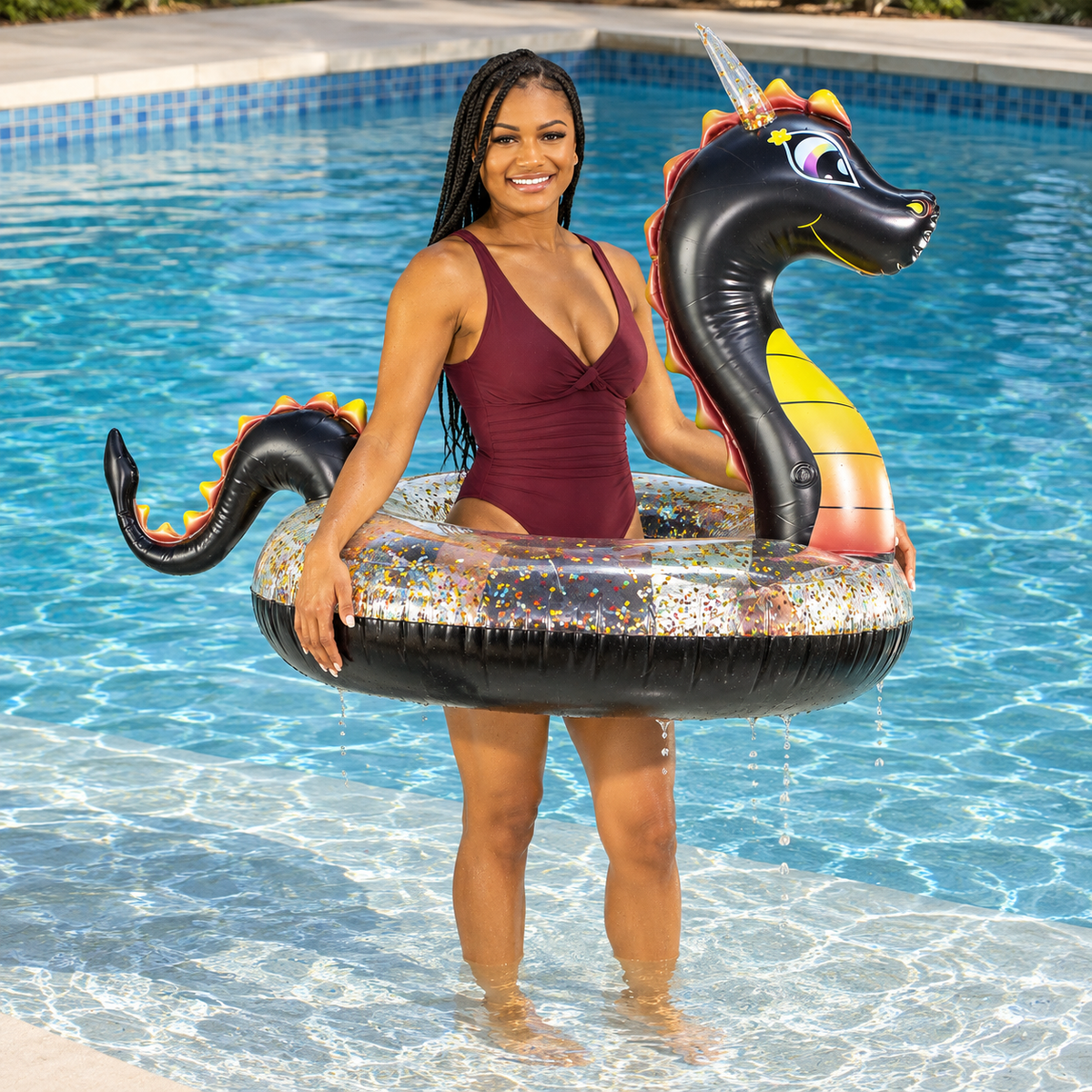 Illustrative scene of an adult holding the black PoolCandy Glitter Dragon tube by its rim in a shallow swimming-pool entry.
