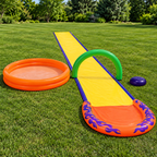 Illustrative Wham-O water park setup on level lawn with separate orange pool, yellow slide and orange end bumper