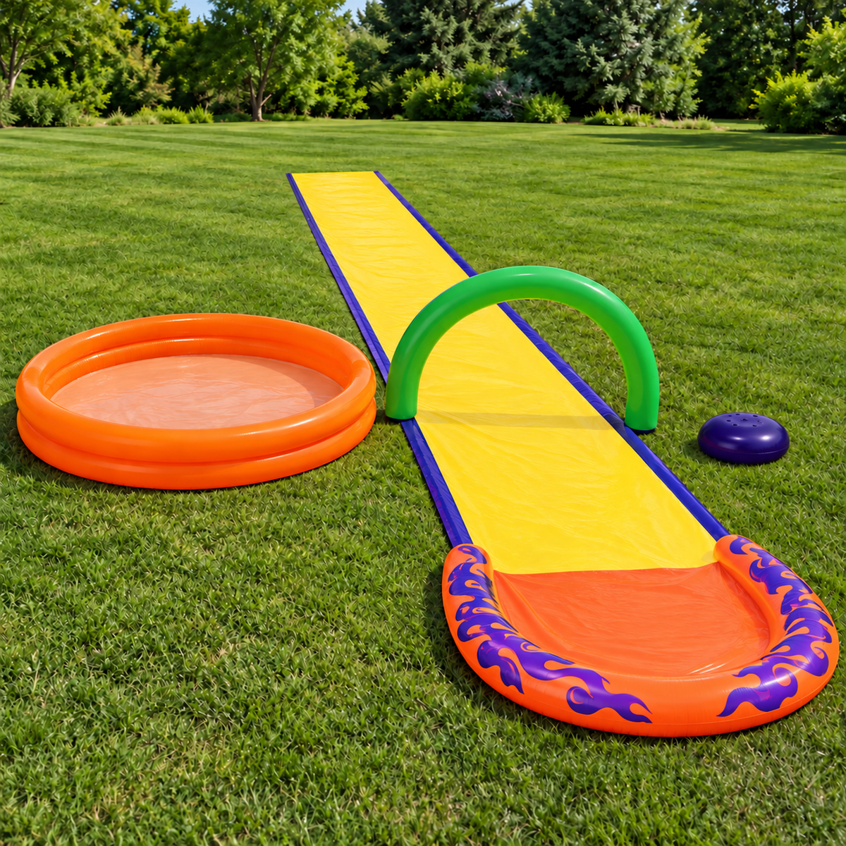 Illustrative Wham-O water park setup on level lawn with separate orange pool, yellow slide and orange end bumper