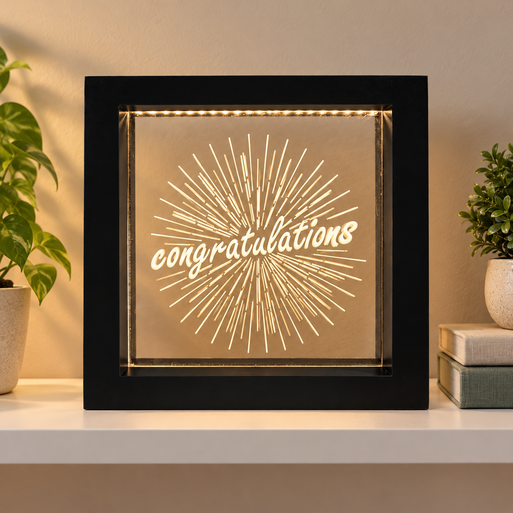 Black Congratulations LED light box displayed on a shelf beside books and plants