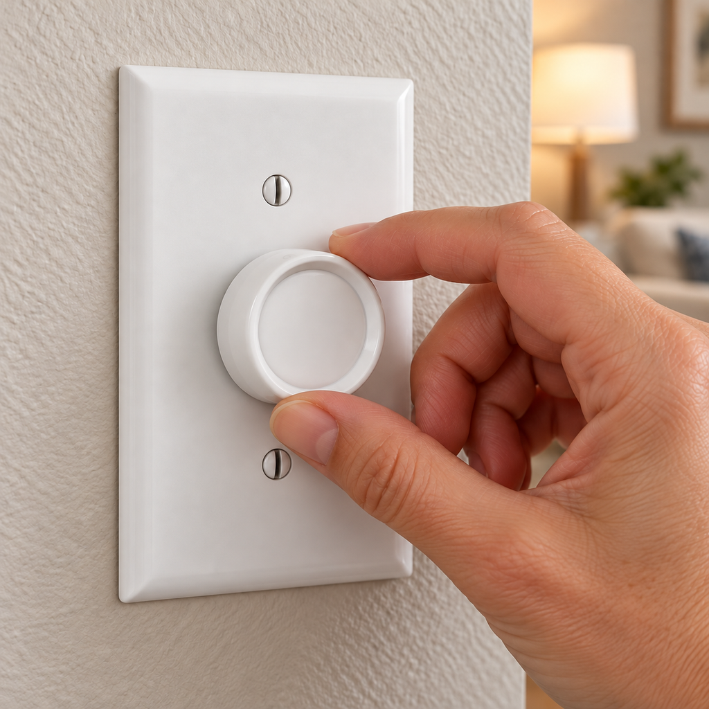 Illustrated adult adjusting an installed white Leviton RDL06 rotary dimmer; wallplate sold separately.