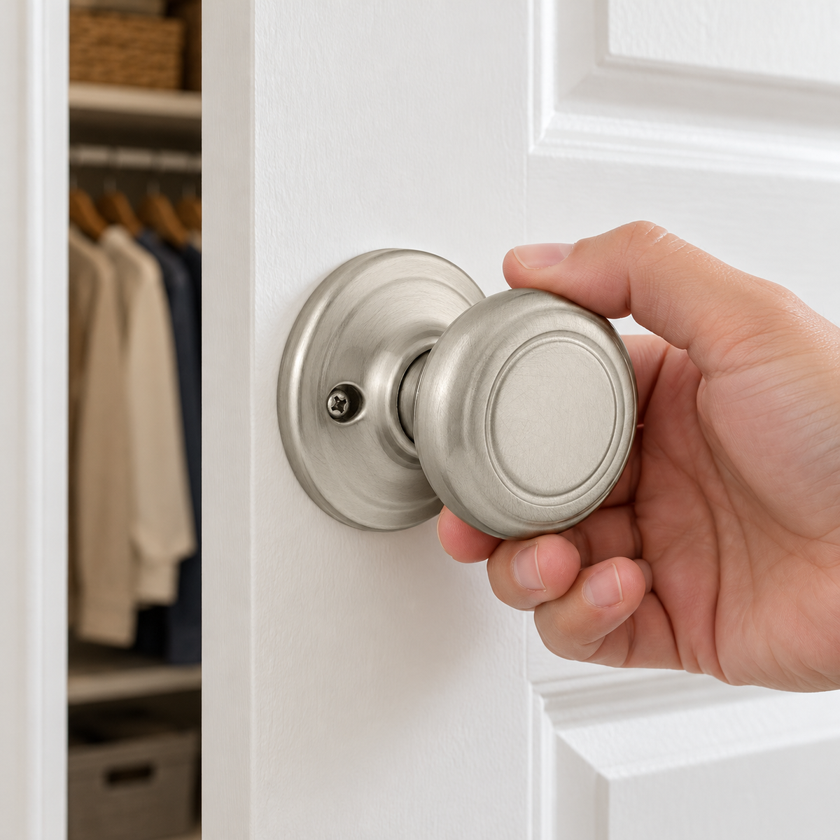 Illustrated adult opening a closet door with a fixed satin-nickel Kwikset Cameron pull-only knob.