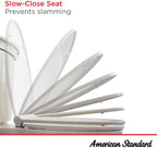 White toilet seat with 'Slow-Close Seat' feature and American Standard branding.