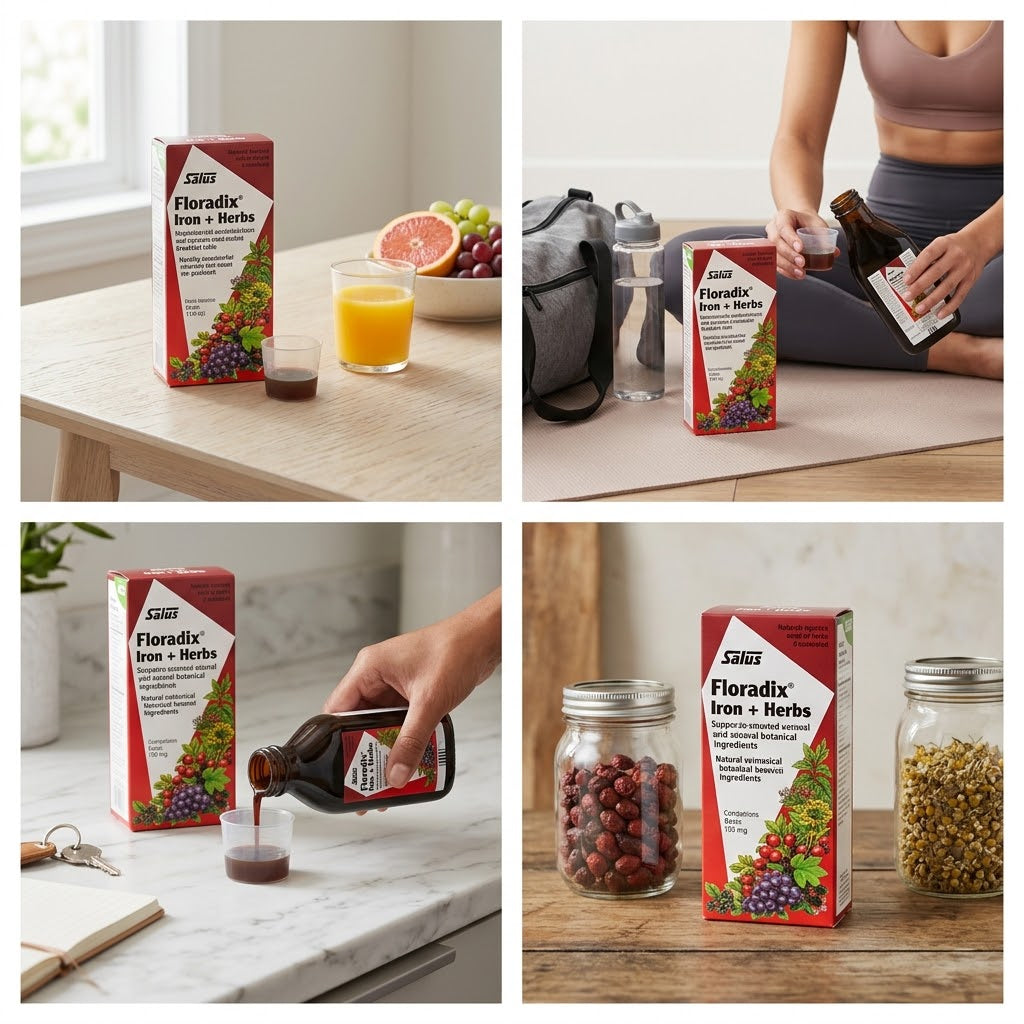 image of a hand measuring a dose from the Floradix bottle, next to a neat stack of towels and a yoga mat on a clean wooden shelf, implying a consistent wellness ritual.