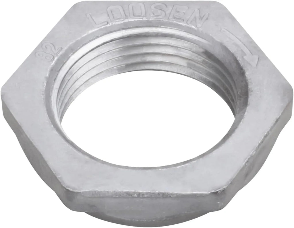 Metal hex nut with 'LOOSE' text on a white background