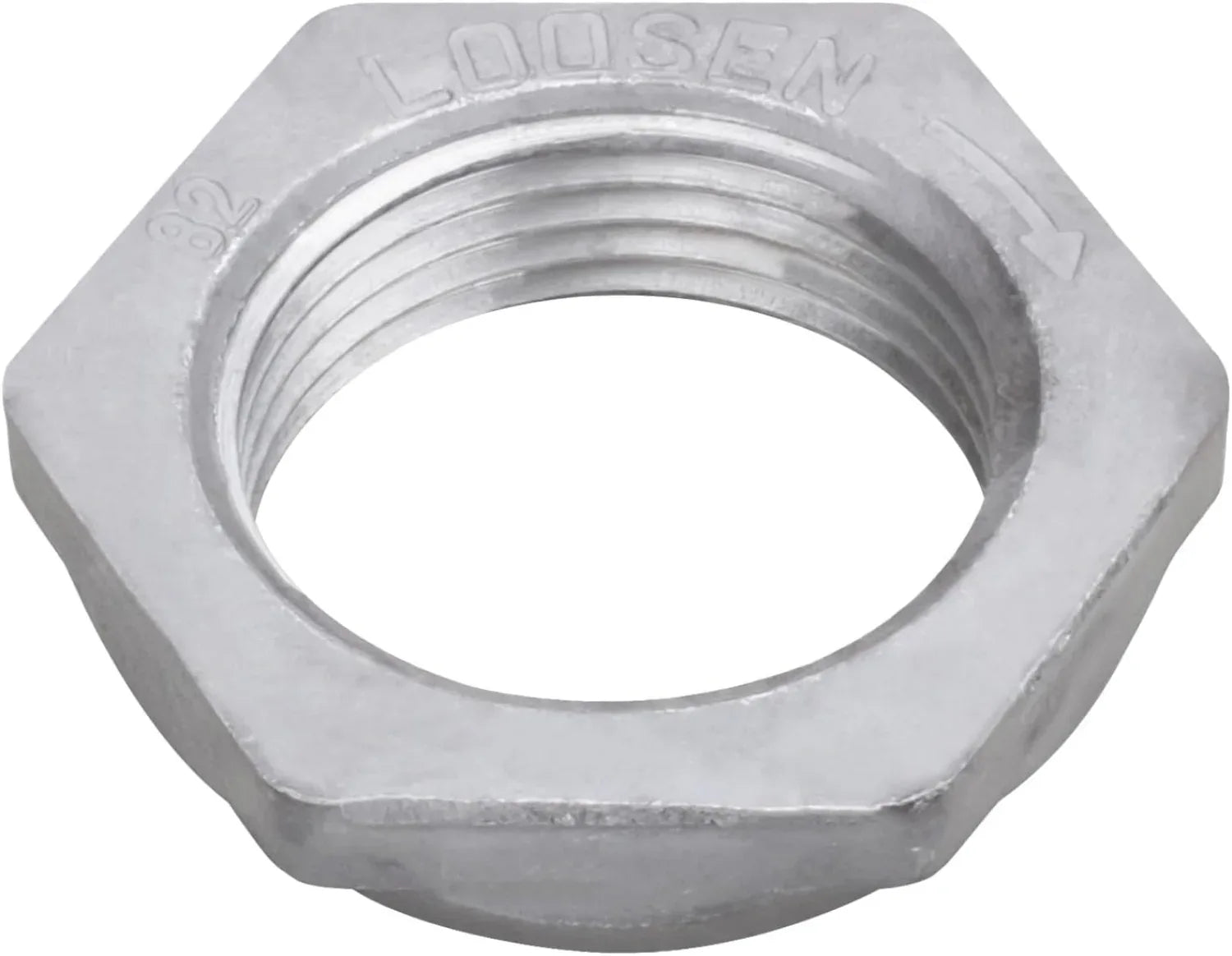 Metal hex nut with 'LOOSE' text on a white background