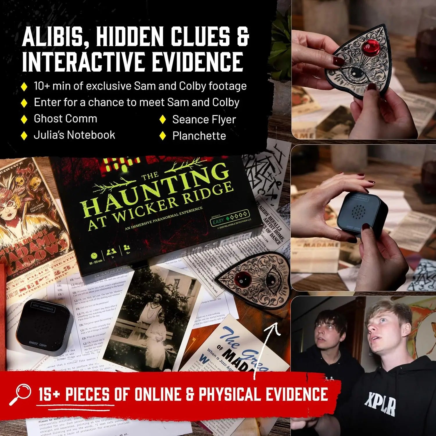 Hunt A Killer paranormal mystery game box for "The Haunting at Wicker Ridge" featuring eerie artwork and game components.