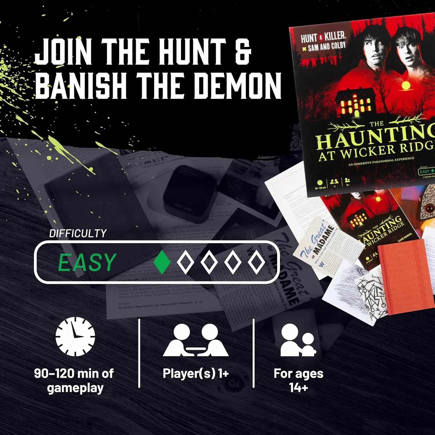 Hunt A Killer paranormal game box for "The Haunting at Wicker Ridge" featuring eerie artwork and mystery elements.