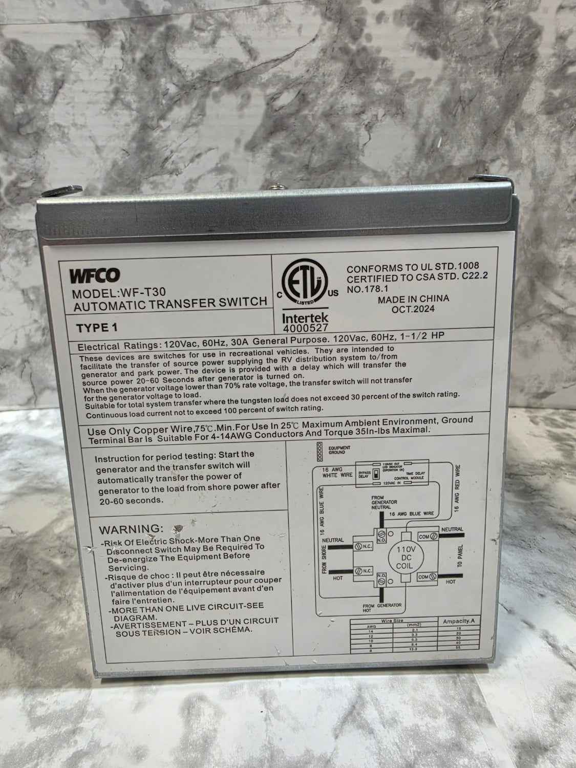 WFCO WF-T30 Automatic Transfer Switch for RV — 30A, 120Vac