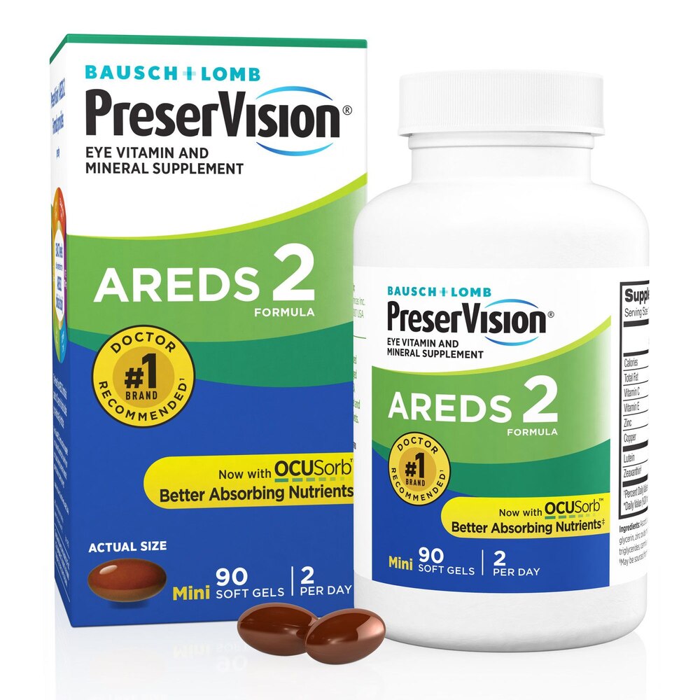 Bausch & Lomb PreserVision AREDS 2 Formula supplement packaging and bottle on a white background