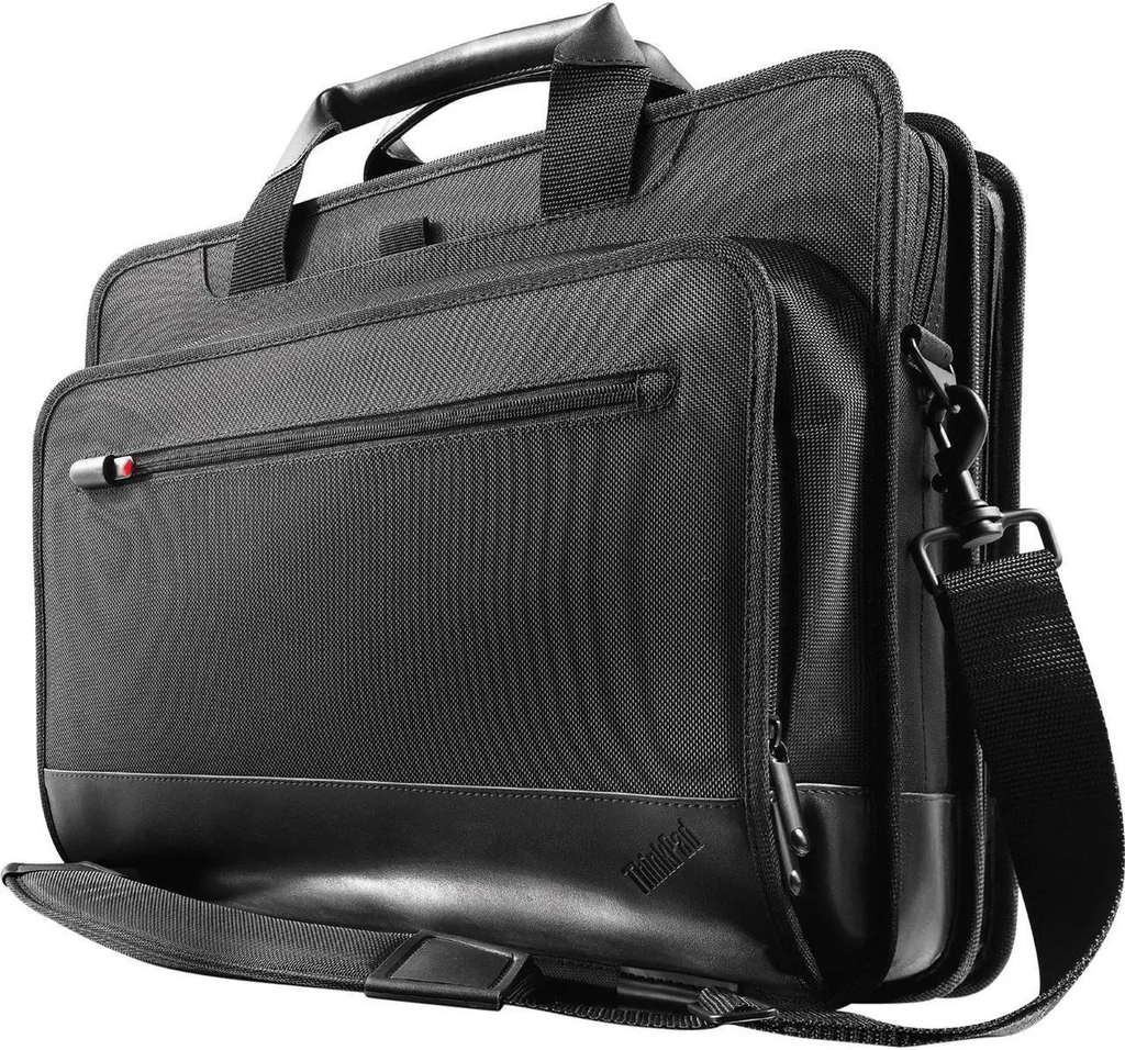 Black laptop bag with shoulder strap on a white background