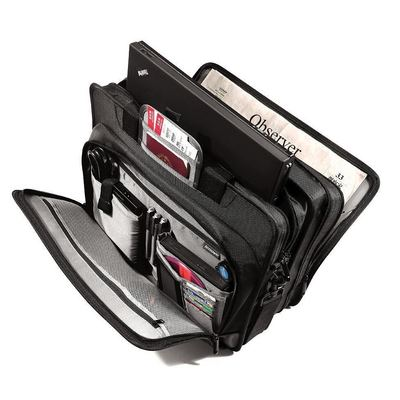 Black wallet with multiple compartments and card slots on a white background