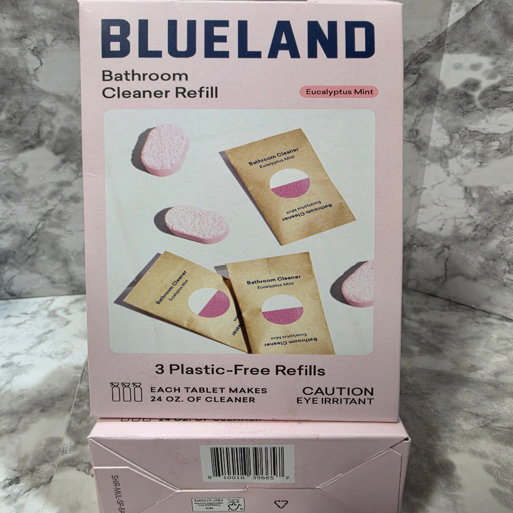Blueland bathroom cleaner refill packaging on a marble surface
