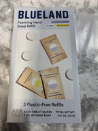 Blueland foaming hand soap refill packaging on a marble surface