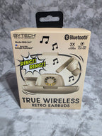 Box of true wireless retro earbuds with a vintage phone design on a gray surface