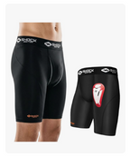 Black compression shorts with brand logo on a white background