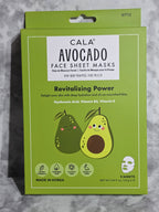 Green package of CALA Avocado face sheet masks on a gray surface
