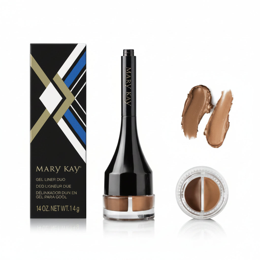 Mary Kay Gel Liner Duo in a black bottle with a clear base showing the dual shades, next to its black, white, blue, and gold box, with two swatches of the beige and brown gel liner shades on the right.