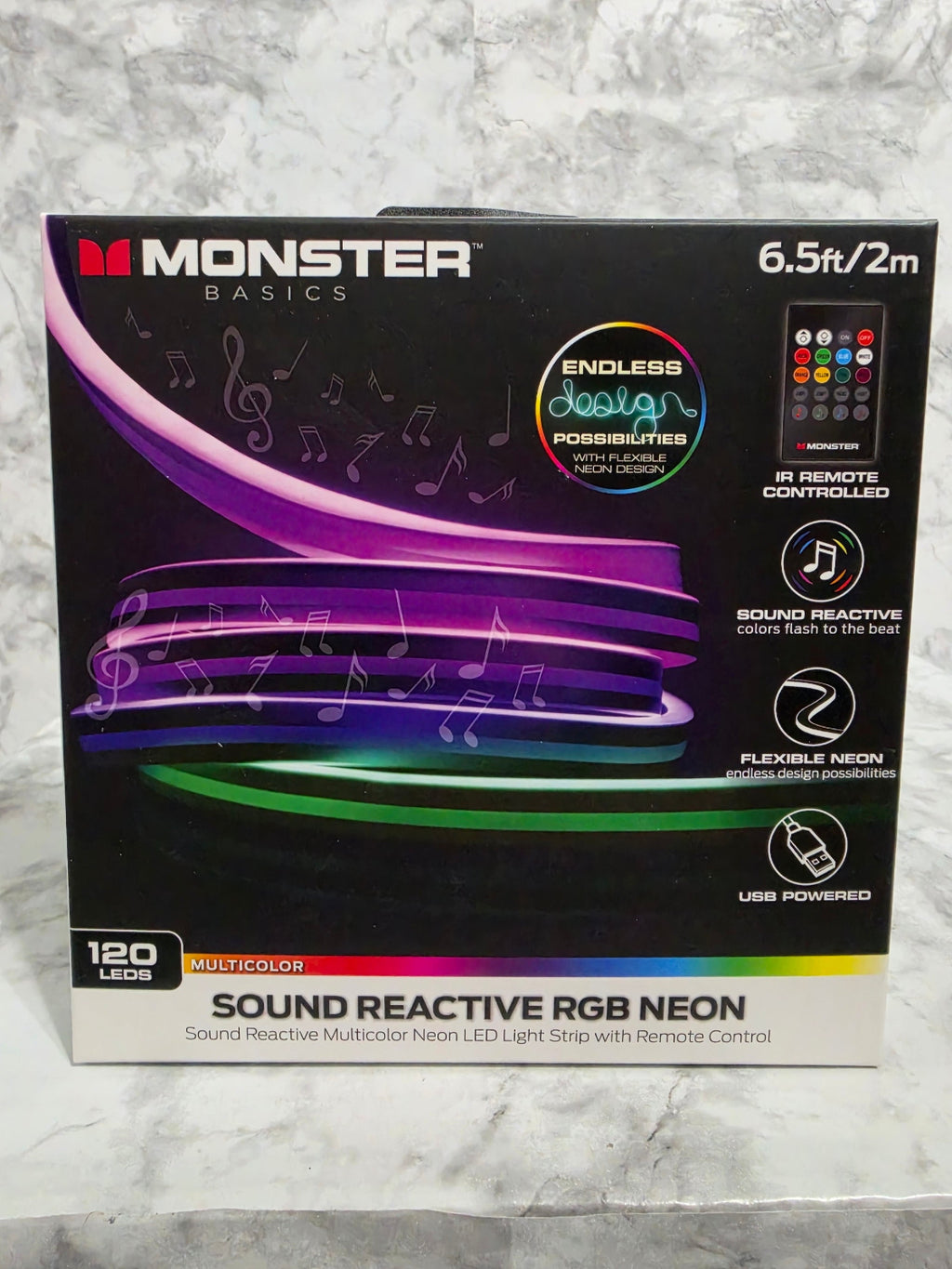 Monster Basics sound reactive RGB neon LED strip packaging on a marble surface