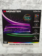 Monster Basics sound reactive RGB neon LED strip packaging on a marble surface