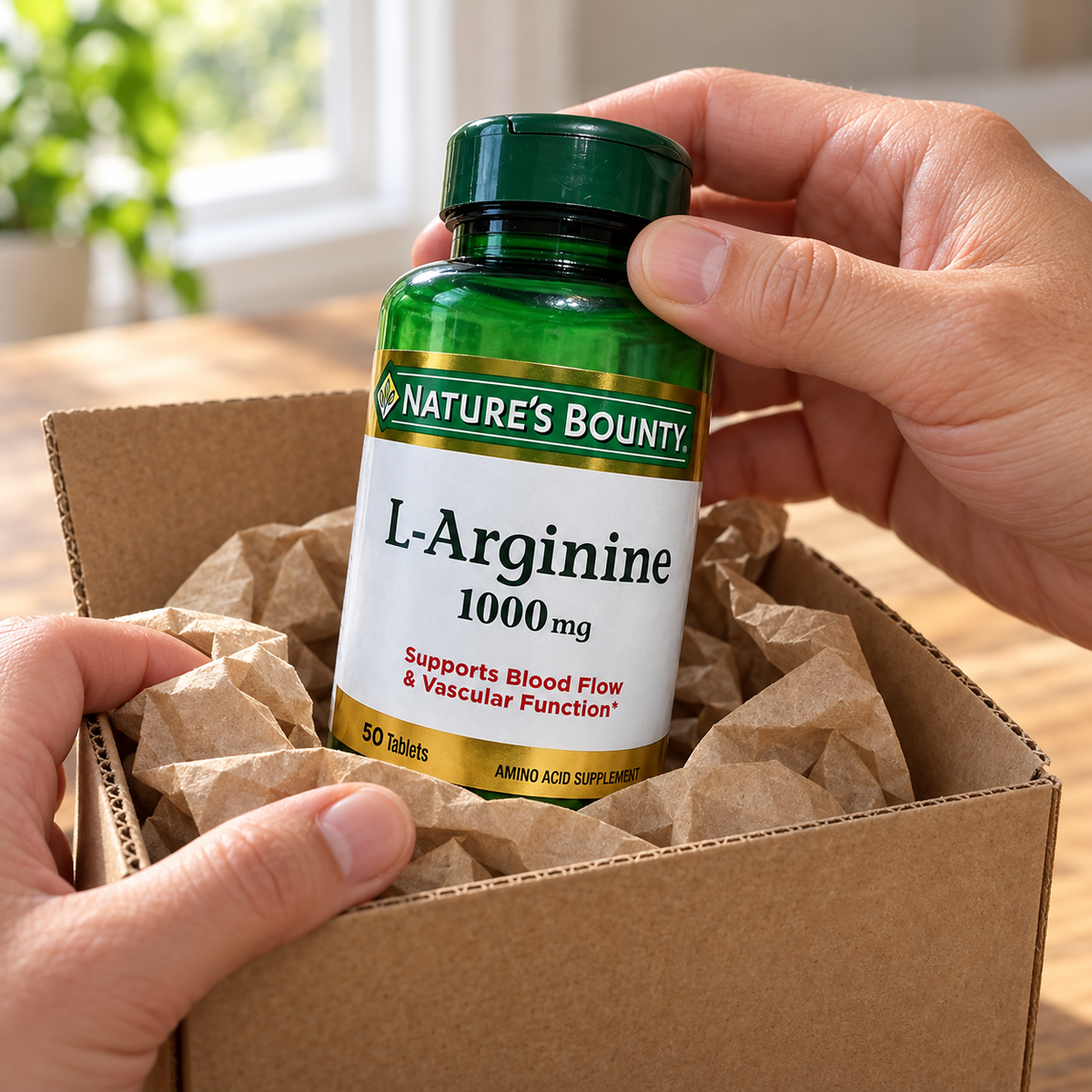 AI-generated illustration: adult hands lifting a closed Nature’s Bounty L-Arginine 1000 mg, 50 Tablets bottle from packing paper.