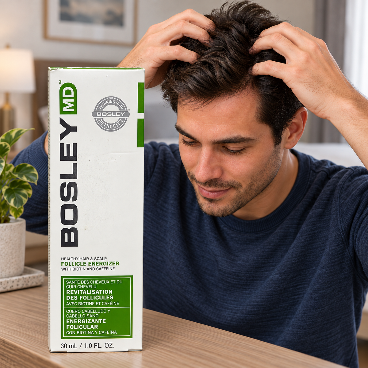AI-generated illustration: adult massaging their scalp with fingertips beside the closed BosleyMD Follicle Energizer 30 mL carton.