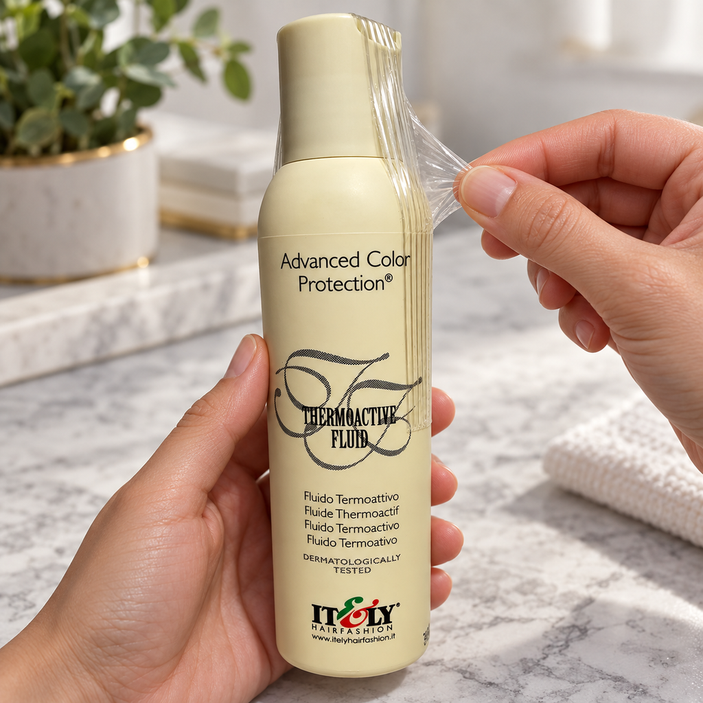 AI-generated illustration: adult hands peeling the clear outer wrapper from the closed vintage Itely Thermoactive Fluid bottle.