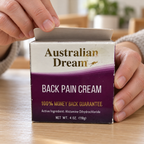 AI-generated illustration: adult hands lifting the worn Australian Dream Back Pain Cream 4 oz carton flap; contents concealed, not an actual-unit seal inspection.