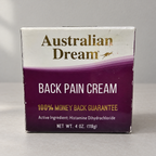 AI-generated illustration: close-up of the worn Australian Dream Back Pain Cream 4 oz carton on a neutral studio surface.