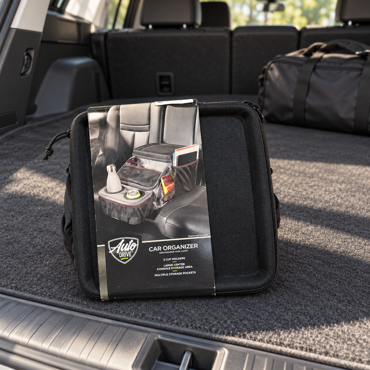 AI-generated lifestyle illustration: folded Auto Drive organizer in its original display sleeve on a parked SUV cargo area; pictured accessories and scene props are not included.