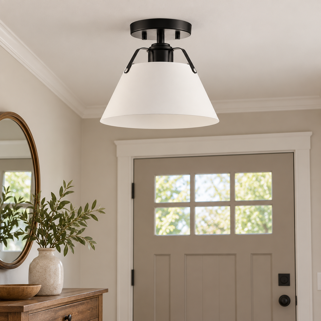 AI-generated lifestyle illustration: Avec Avery matte black and white metal-shade ceiling light in a home foyer; bulb and room furnishings not included.
