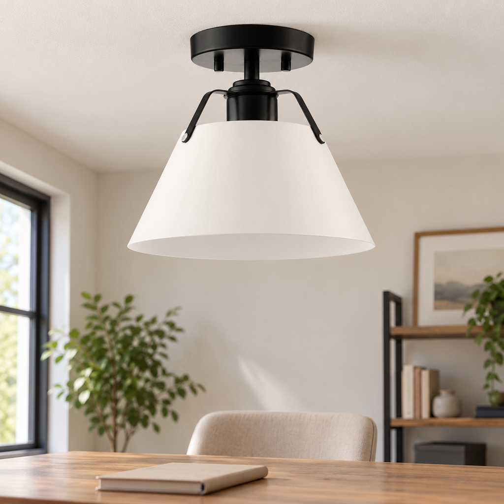 AI-generated lifestyle illustration: Avec Avery matte black and white metal-shade ceiling light in a home office; bulb and room furnishings not included.