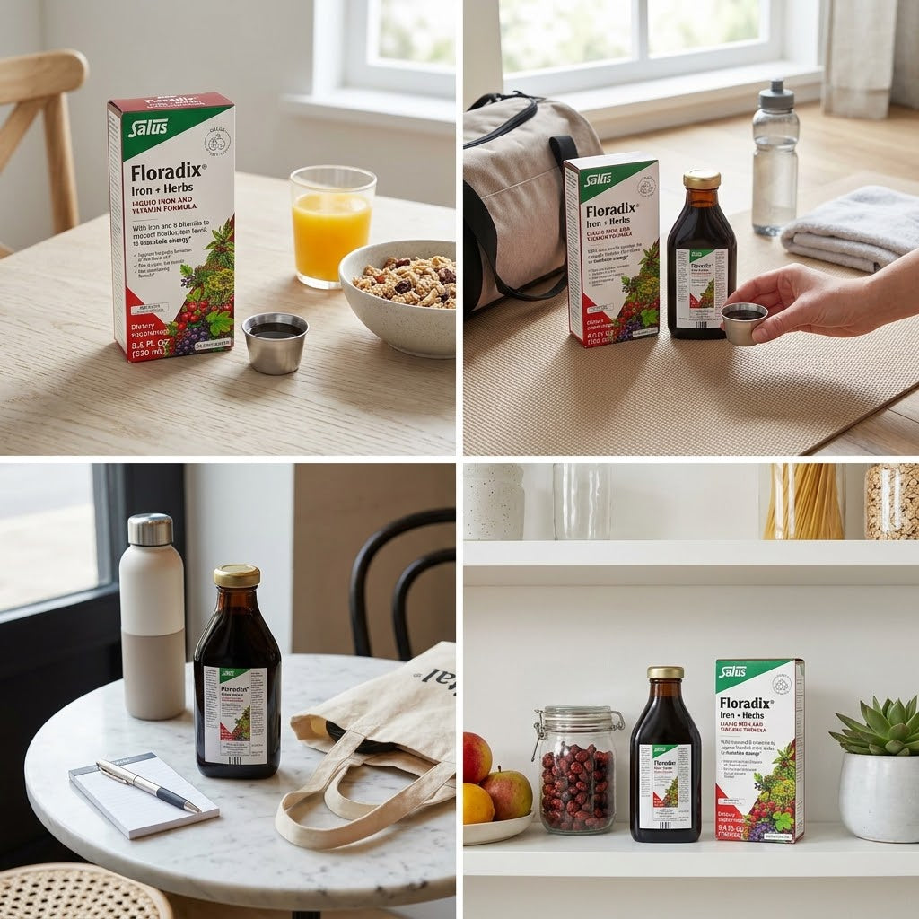 A four-panel collage showing Floradix Iron & Herbs liquid supplement in various real-world settings. The panels include the product box, a small dark bottle, a glass of orange juice, a bowl of granola, a hand reaching for a small cup, a tote bag, a water bottle, and the products arranged on a table and a white shelf next to a succulent.