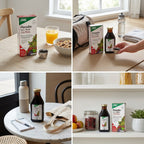 A four-panel collage showing Floradix Iron & Herbs liquid supplement in various real-world settings. The panels include the product box, a small dark bottle, a glass of orange juice, a bowl of granola, a hand reaching for a small cup, a tote bag, a water bottle, and the products arranged on a table and a white shelf next to a succulent.