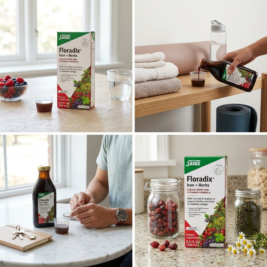 A four-panel collage showing the Sattvic Floradix Iron + Heme supplement. The panels show the product box, a bottle of dark liquid, and jars of ingredients (red berries, green herbs) in a bright, modern kitchen and home setting.