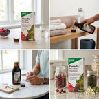 A four-panel collage showing the Sattvic Floradix Iron + Heme supplement. The panels show the product box, a bottle of dark liquid, and jars of ingredients (red berries, green herbs) in a bright, modern kitchen and home setting.