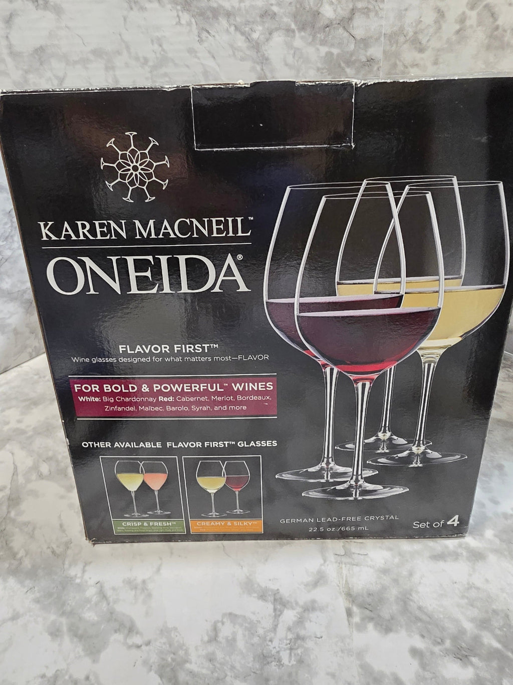 Oneida Karen MacNeil wine glass packaging on a gray surface