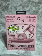 Pink packaging of true wireless retro earbuds on a gray surface