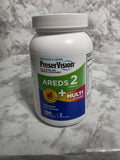 Actual product photograph of a PreserVision AREDS 2 + Multivitamin bottle, 100 softgels, showing its front label.