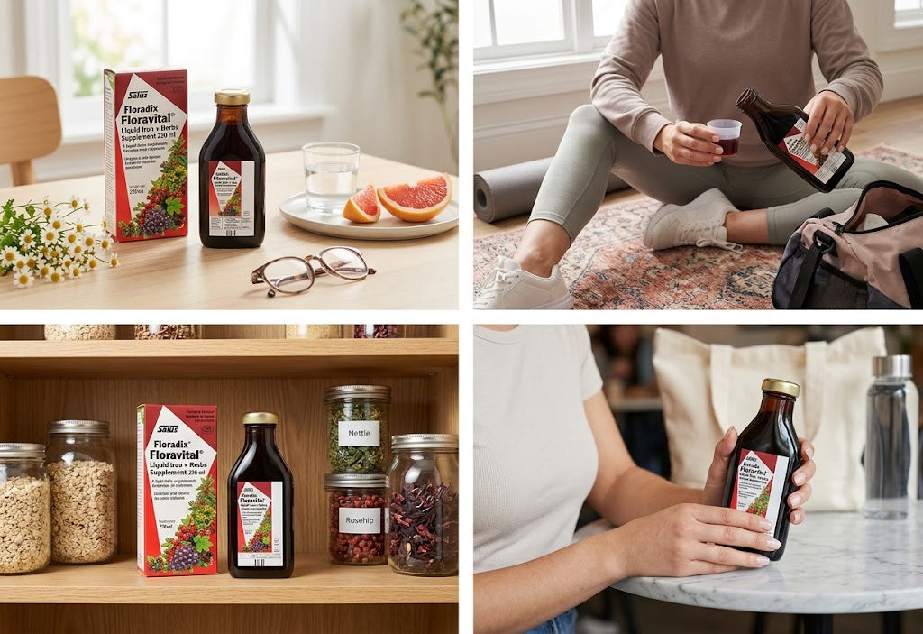 A four-panel collage showing a person and a home interior using a dark liquid supplement product. The panels include the product box and bottle on a table, the person pouring the liquid from the bottle, shelves with jars and the product box, and hands holding the bottle at a table.