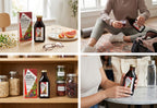 A four-panel collage showing a person and a home interior using a dark liquid supplement product. The panels include the product box and bottle on a table, the person pouring the liquid from the bottle, shelves with jars and the product box, and hands holding the bottle at a table.